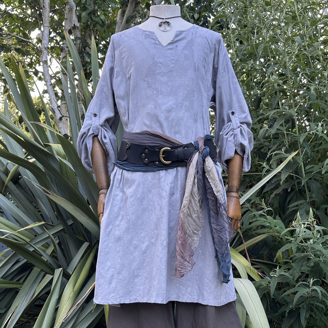 Grey V-neck cotton tunic worn with a black leather belt and draped sash, part of the Phantom Duke noble outfit set