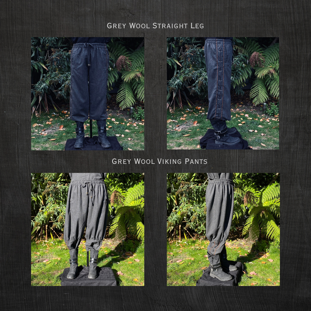 Grey wool trousers shown in straight leg and Viking gathered leg styles, the optional trouser add-on for the Phantom Duke outfit set