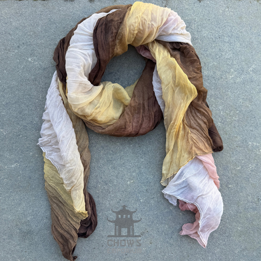 Harvest pirate sash tied and draped, brown, gold, cream and pink viscose