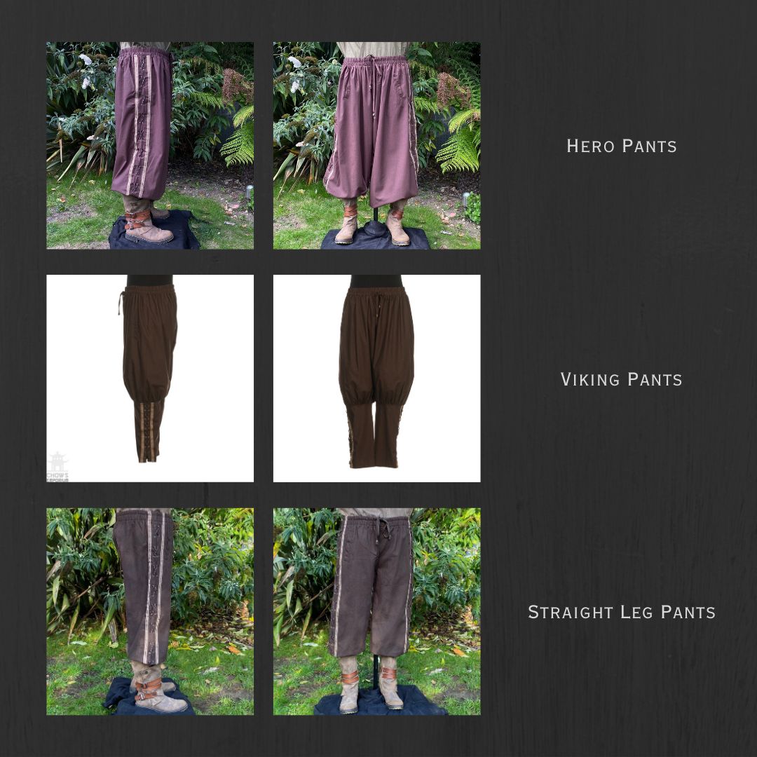 The three optional trouser styles: Hero Pants, Viking Pants and Straight Leg Pants