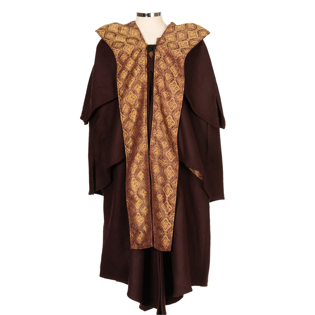 Full-length view of red and gold layered medieval LARP cloak, fantasy cosplay costume with.