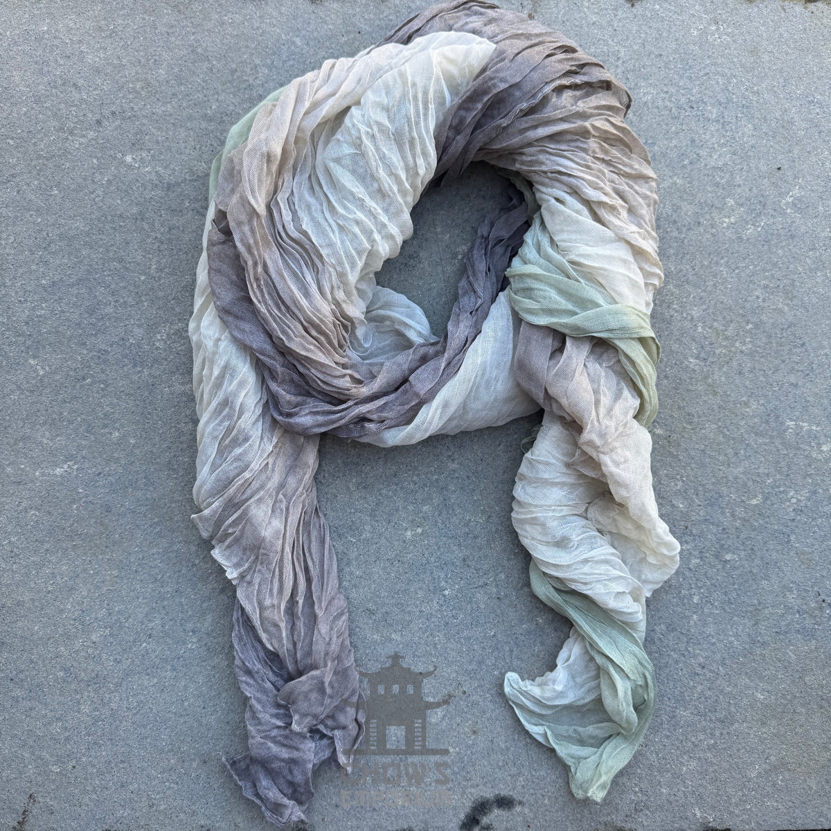 Mist pirate sash tied and draped, pale grey, beige and green viscose
