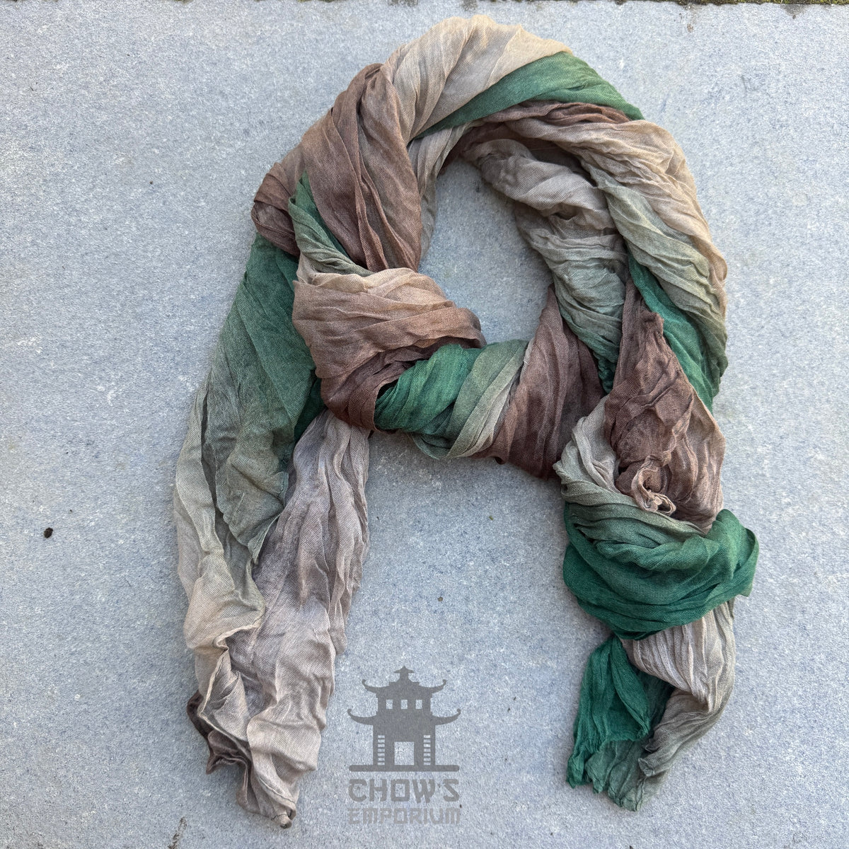 Moss pirate sash tied and draped, brown, beige and green viscose
