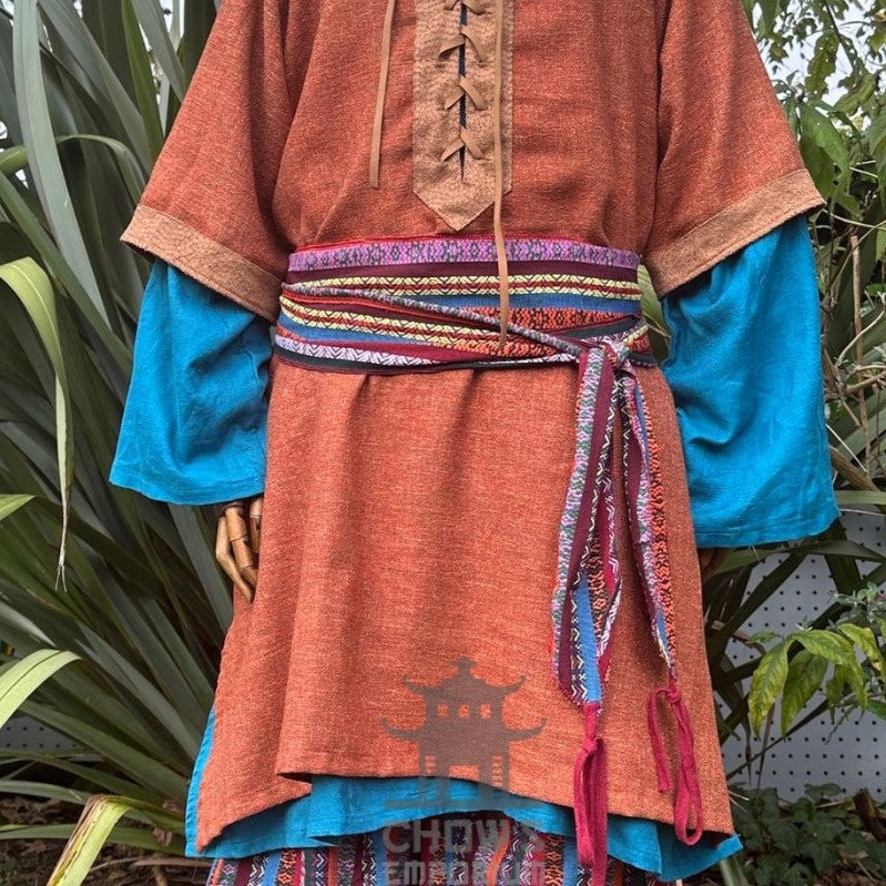 LARP red multi-pattern belt and sash set in buffalo leather, front view.