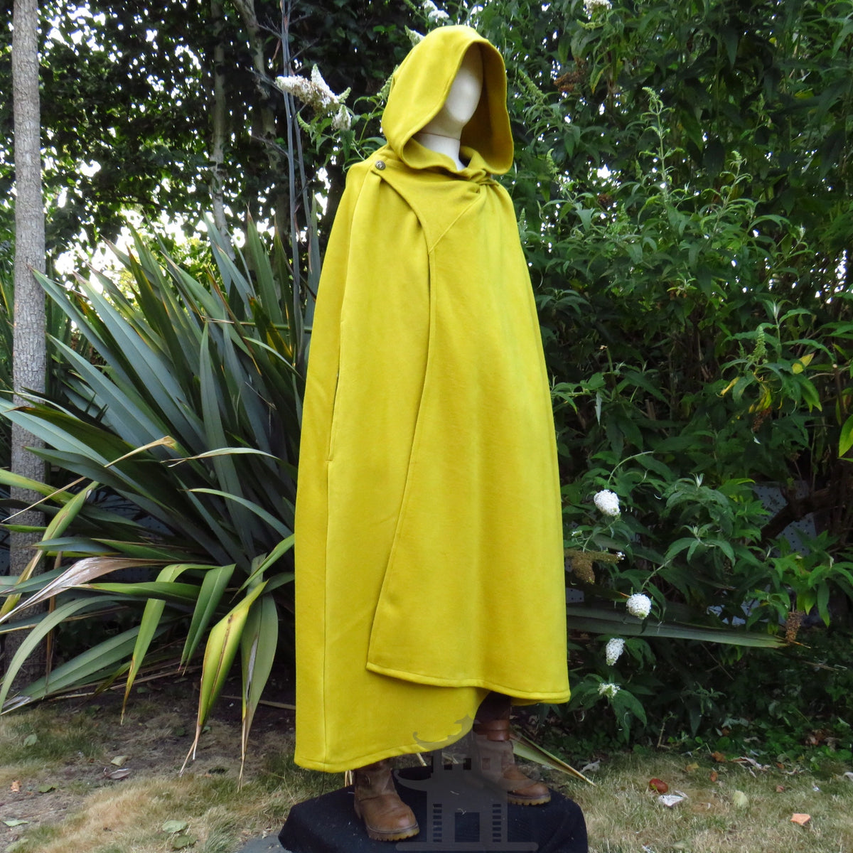 Full-length mustard wool hooded cloak, hood up