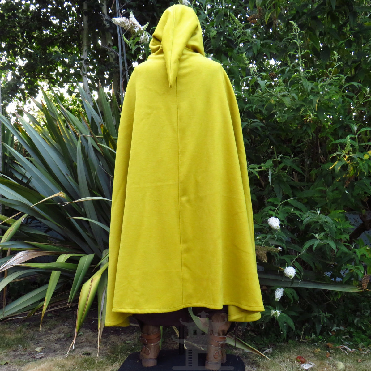 Mustard wool hooded cloak, hood up, front detail