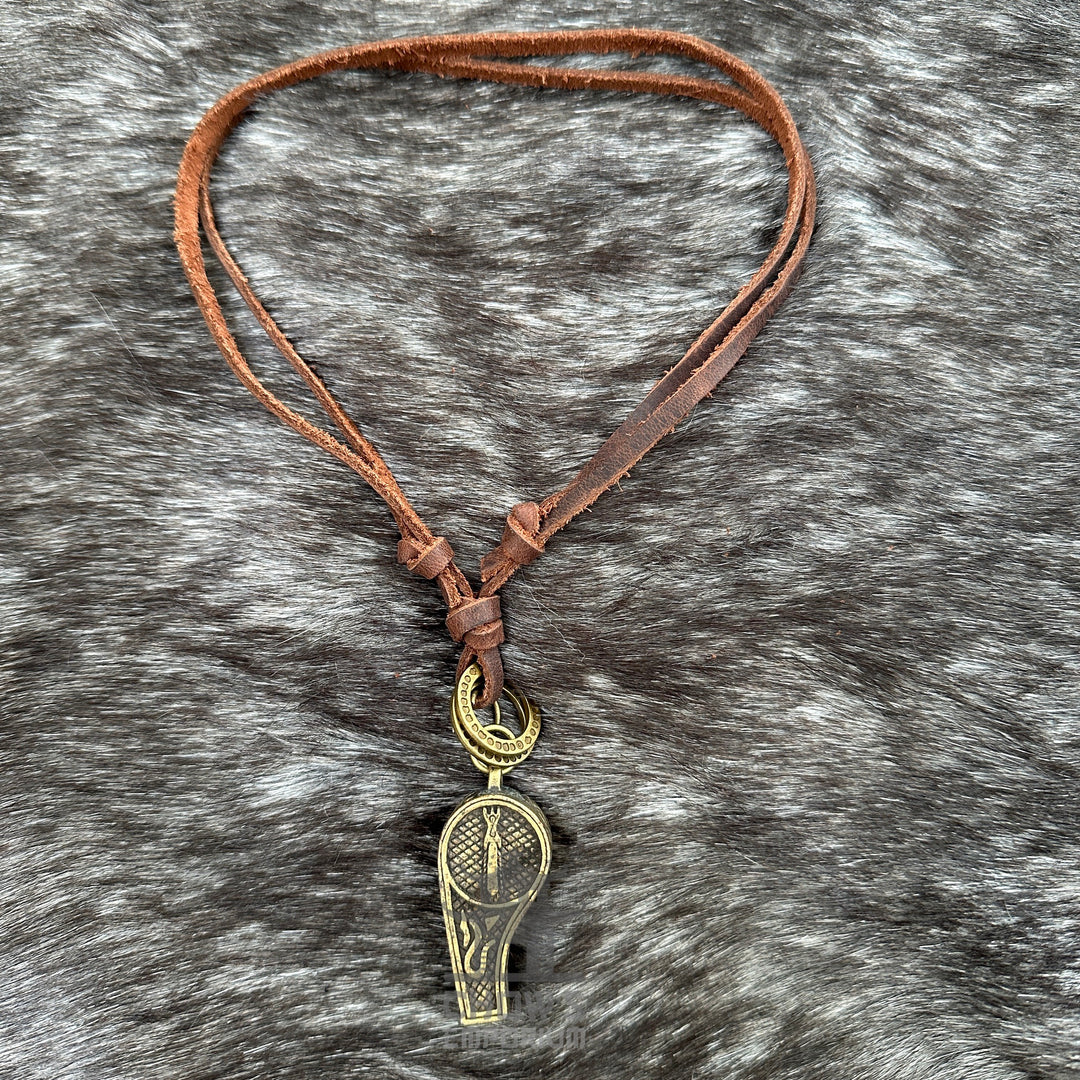 Brown leather whistle necklace with intricate metallic design for LARP events.
