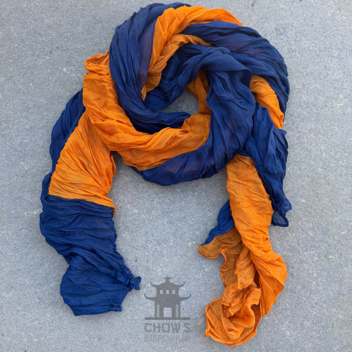 Portal pirate sash tied and draped, navy blue and orange viscose
