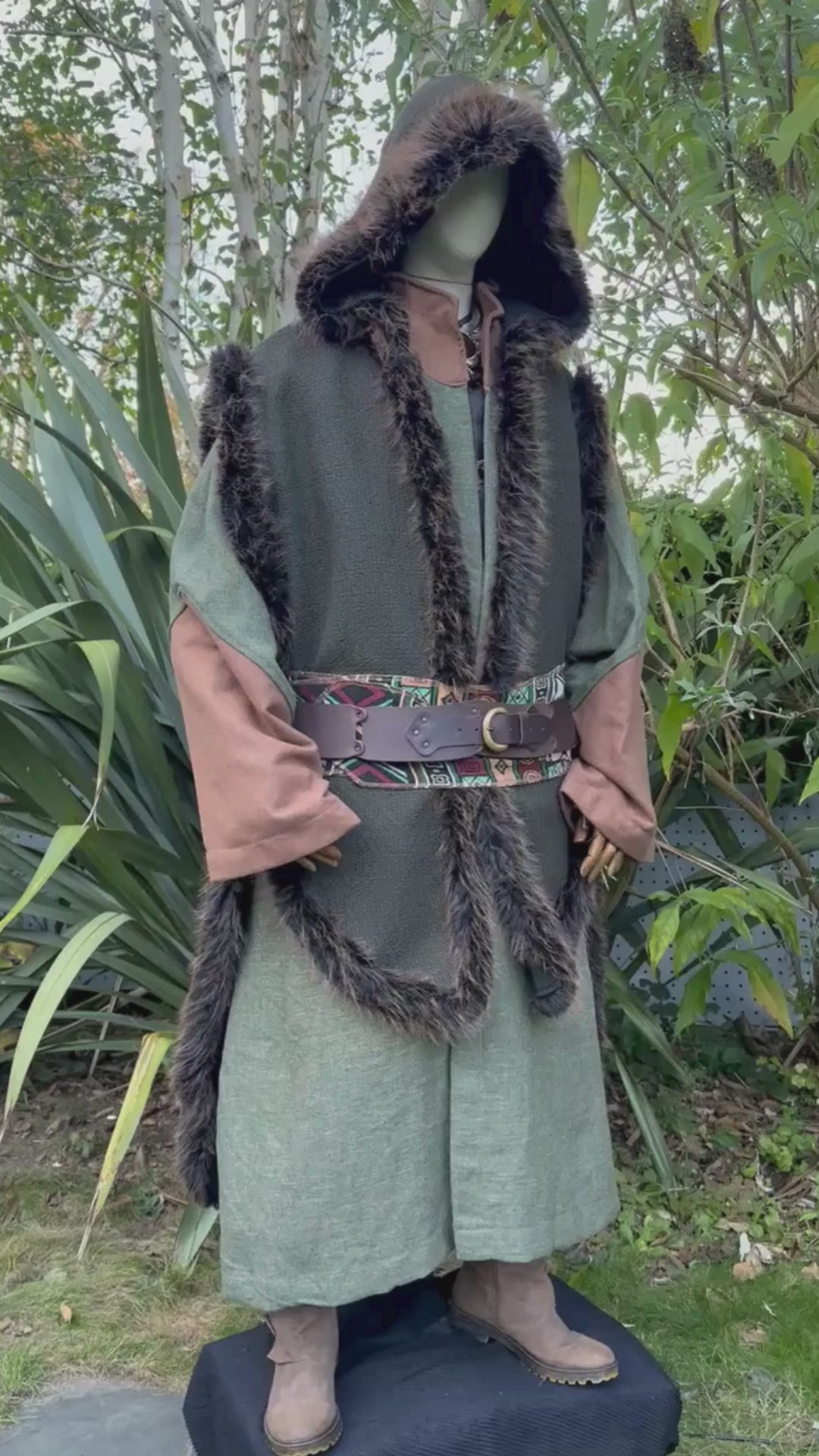 Viking Fur Trim Cape in Green & Brown