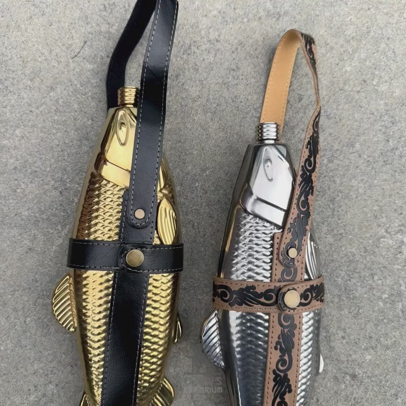 Fish-Shape 18oz Hip Flask with Belt Holder (Gold and Black)