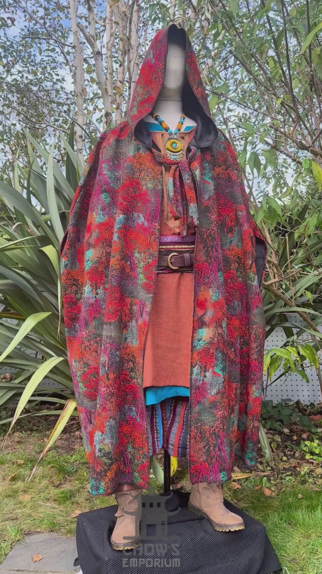 full view of hooded Autumn Druid Cloak with fur trim, medieval fantasy LARP costume for Renaissance Faires and cosplay.