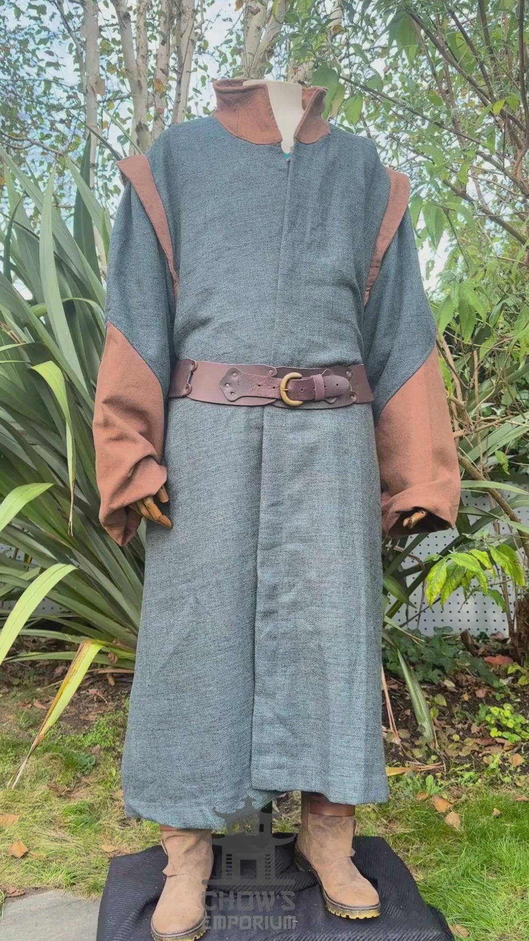 Full-length video teal high-collar medieval LARP robe, authentic fantasy cosplay costume for Renaissance Faires and roleplay events.