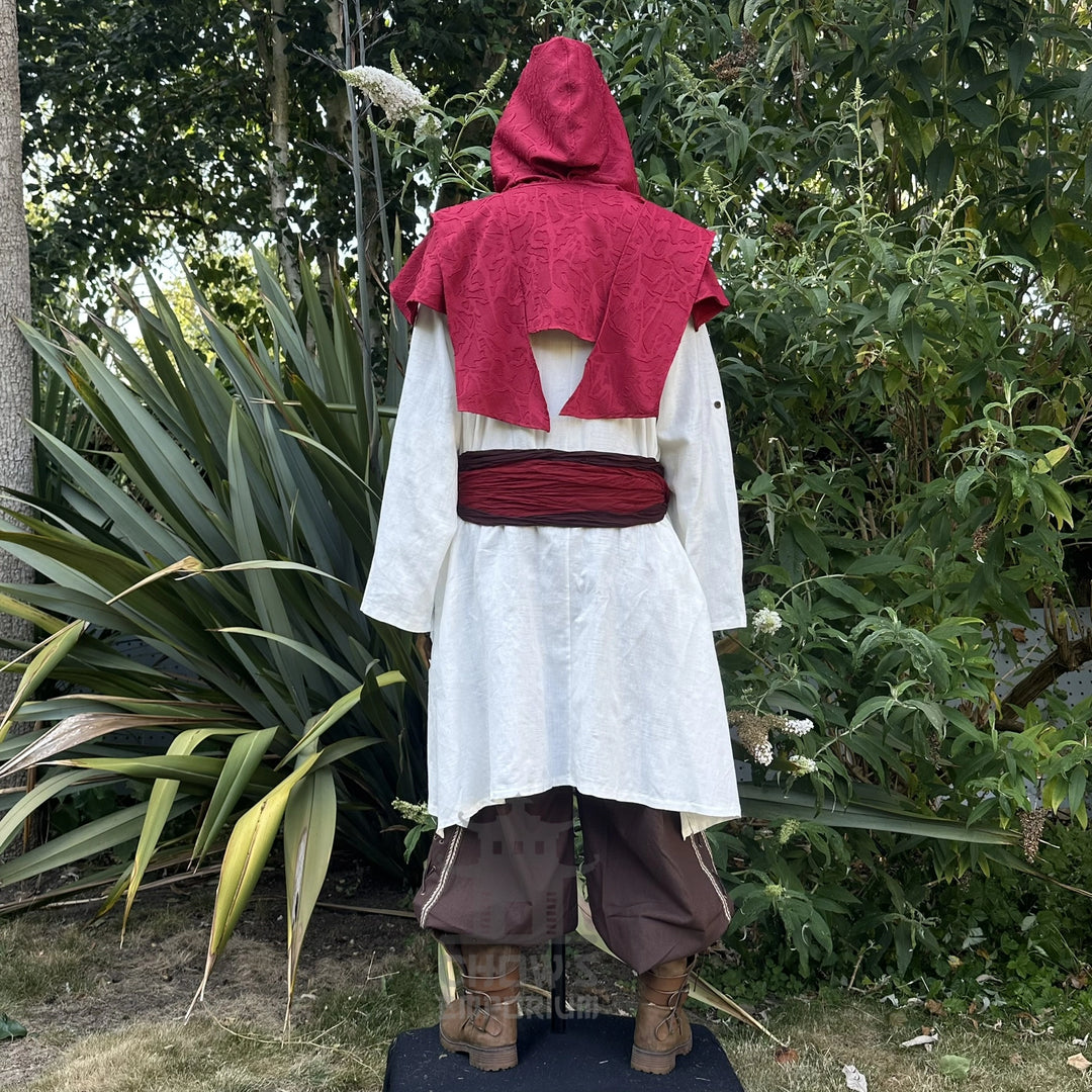 Back of the red medieval scarf hood showing the wraparound ends