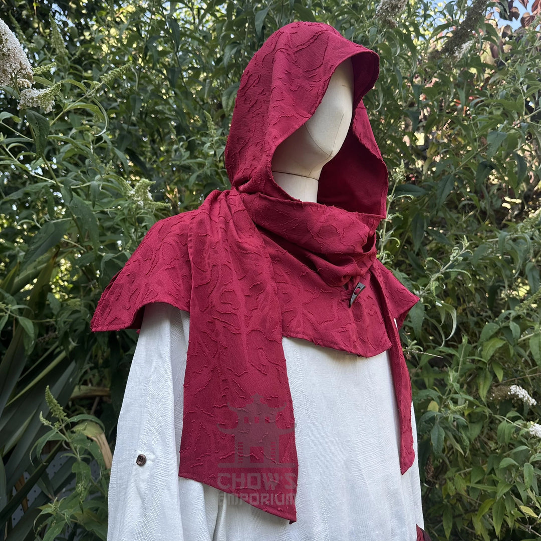 Red medieval snood wrapped over the face for a rogue or assassin look
