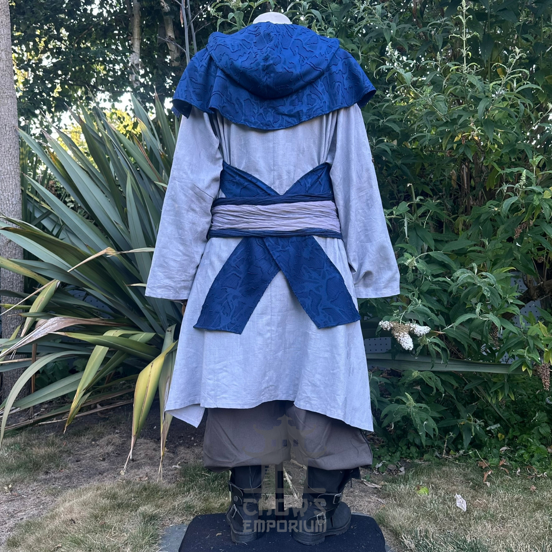 Back of the blue medieval scarf hood showing the wraparound ends