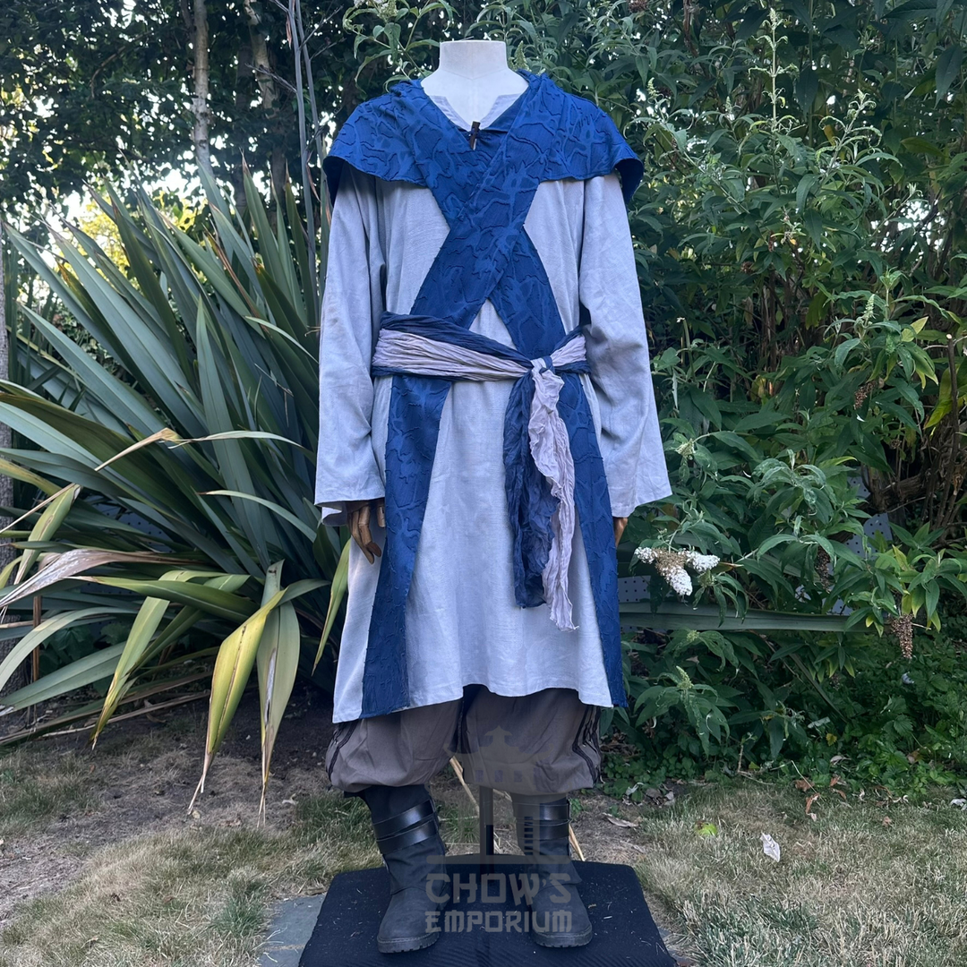 Blue cotton scarf hood with the ends hanging loose at the front