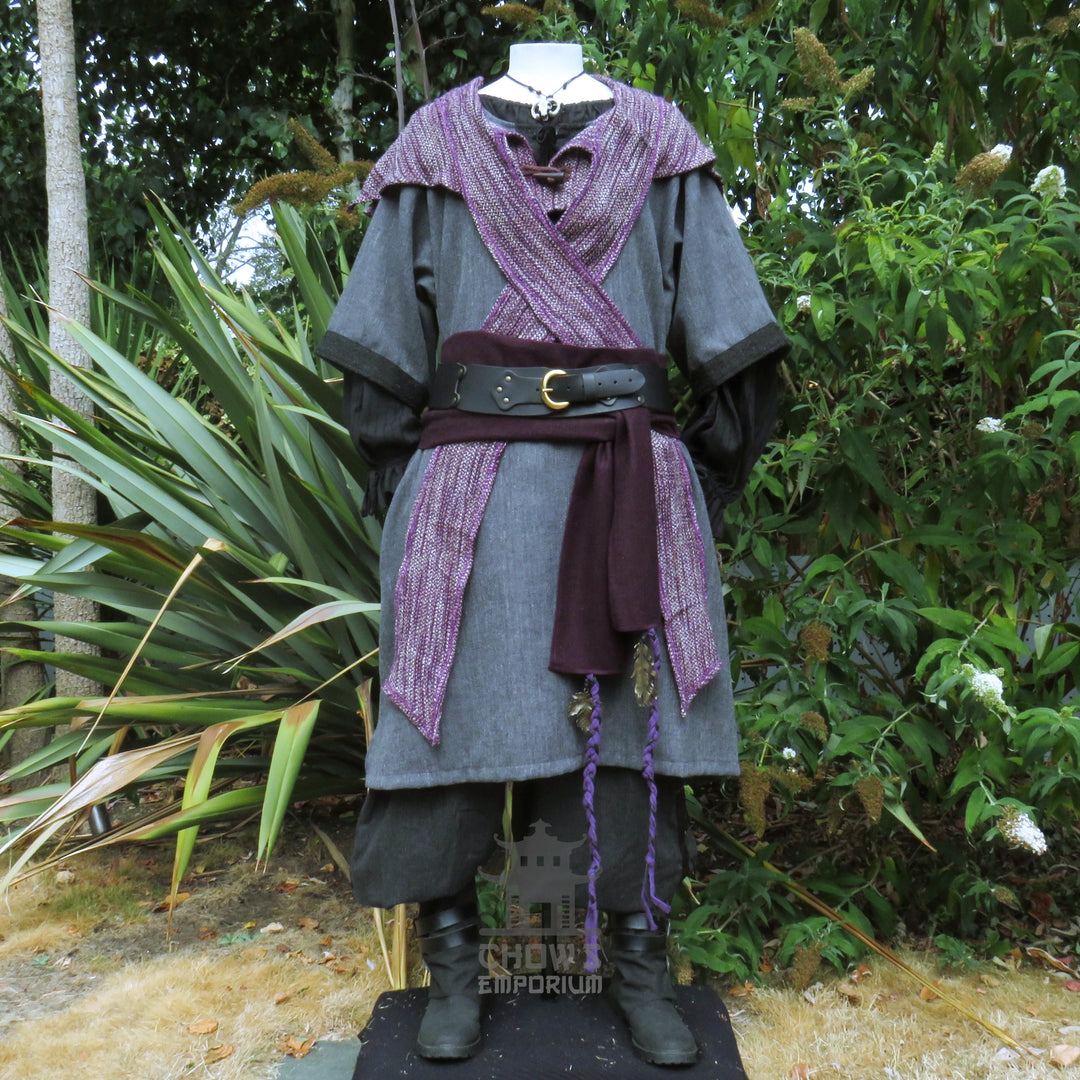 LARP Basic Outfit - 3 pieces Grey &amp; Purple (Tunic, Hood, Sash)