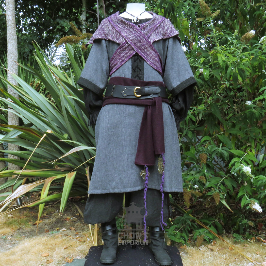 LARP Basic Outfit - 3 pieces Grey &amp; Purple (Tunic, Hood, Sash)