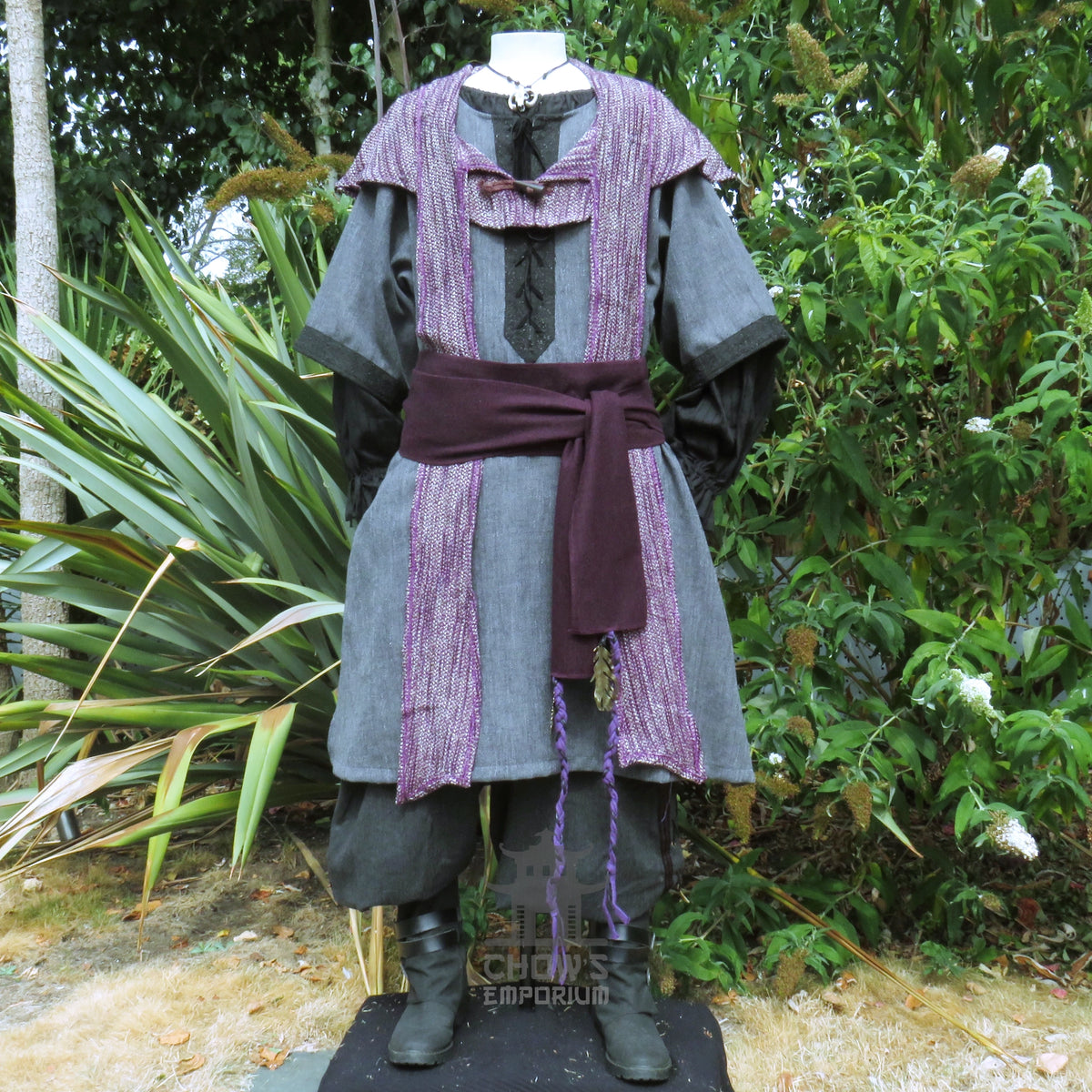 LARP Basic Outfit - 3 pieces Grey &amp; Purple (Tunic, Hood, Sash)