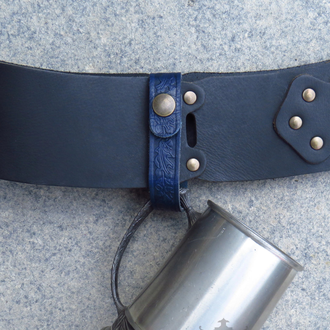 Navy leather tankard loop showing the oak leaf embossing