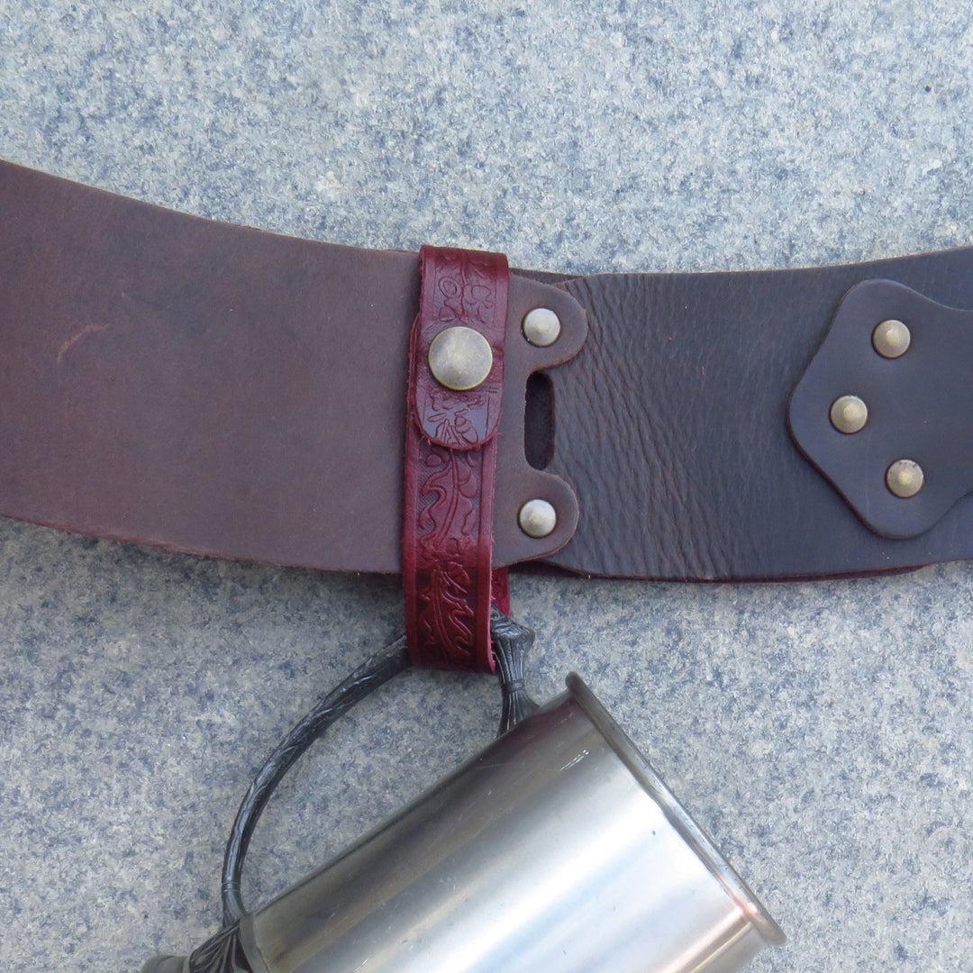 Dark red leather tankard loop with embossed oak leaf detail
