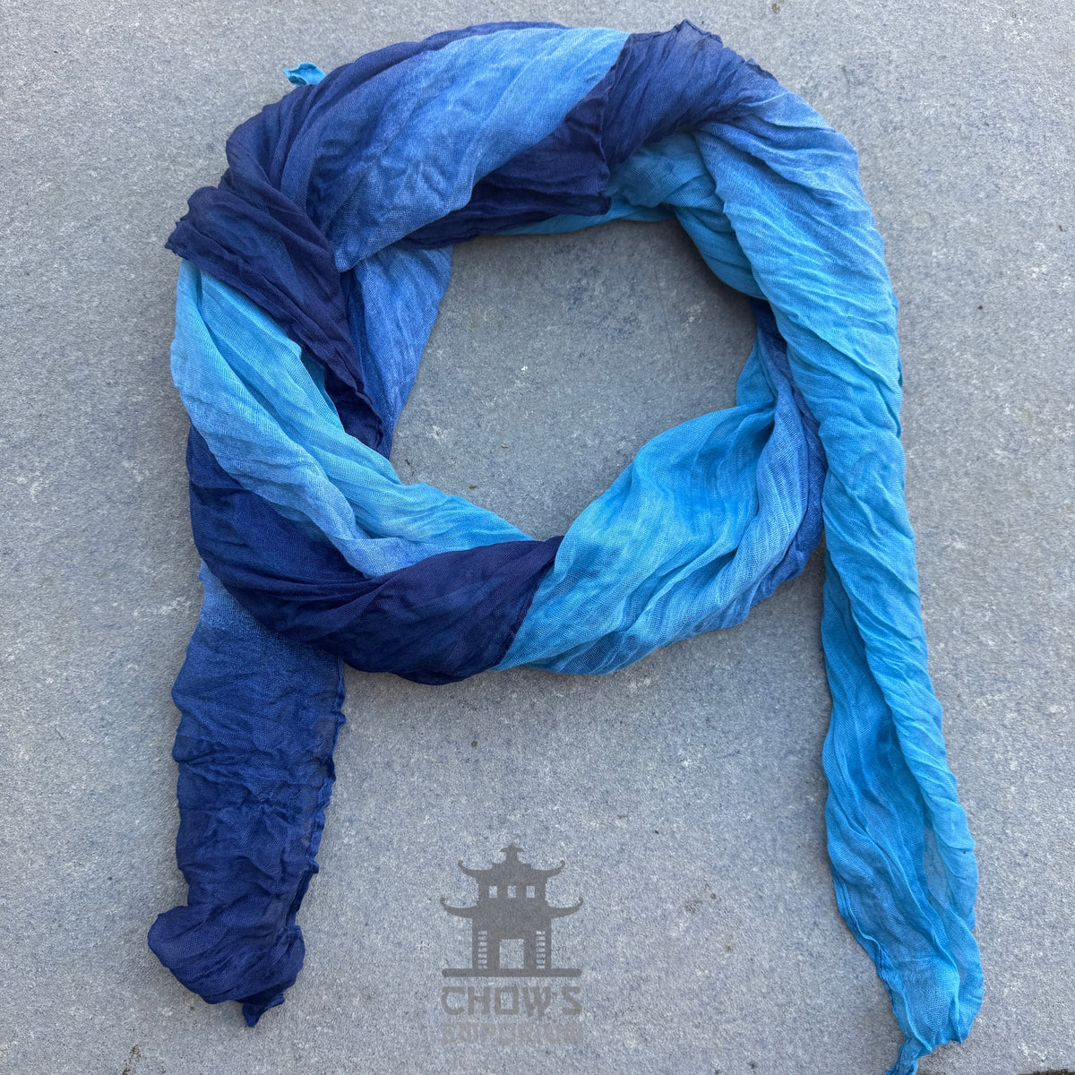 Tide pirate sash tied and draped, sky blue to navy viscose