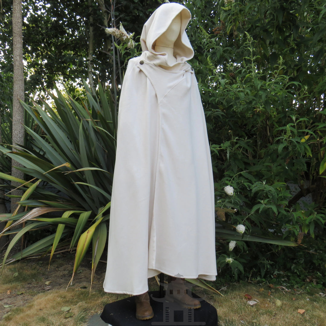 Full-length white medieval cloak hanging to 49in from the shoulder, hood up