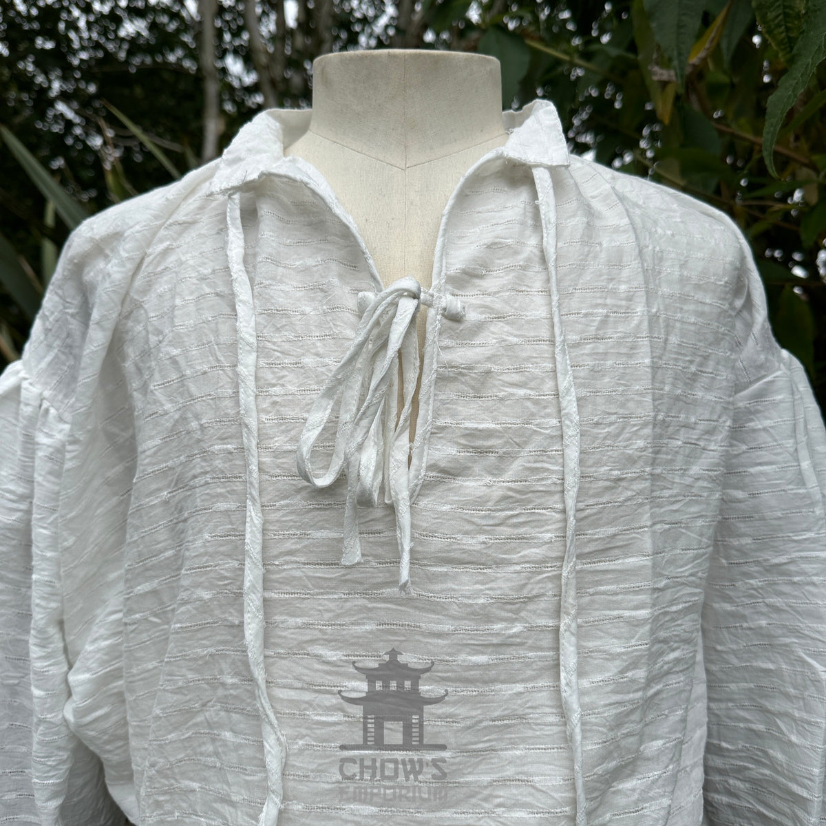 Textured white cotton-linen shirt with full sleeves and buttoned cuffs, LARP and cosplay shirt
