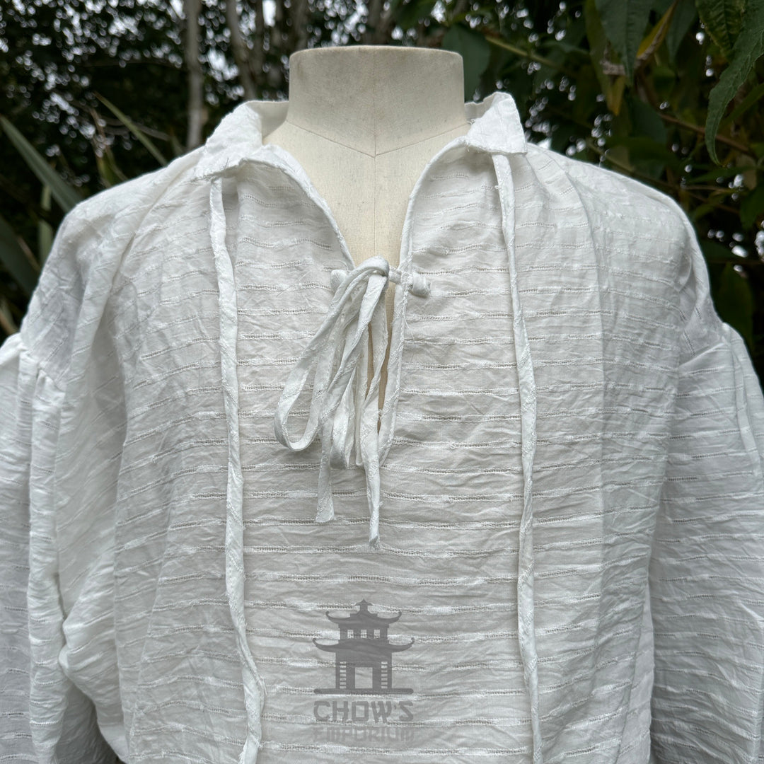 Textured white cotton-linen shirt with full sleeves and buttoned cuffs, LARP and cosplay shirt
