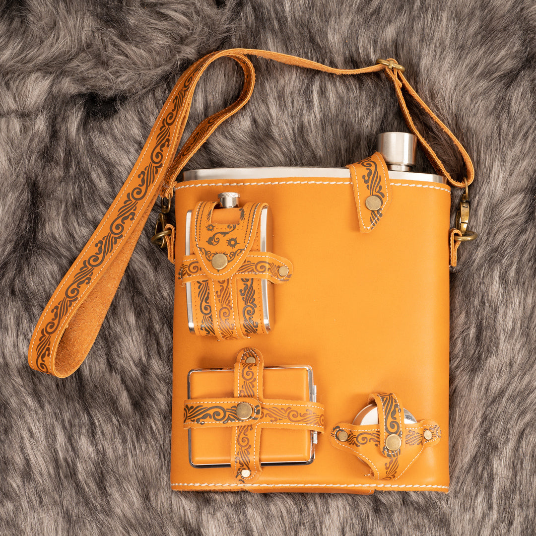 Ornate leather hip flask with strap; LARP accessory in detailed view.