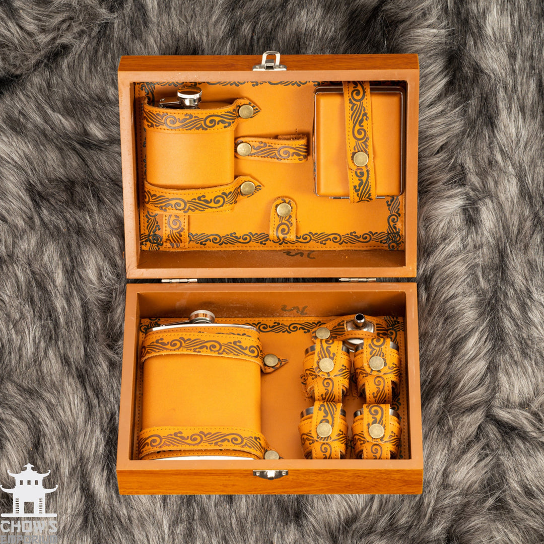 Ornate medieval flask set in wooden box on faux fur, top view for LARP.