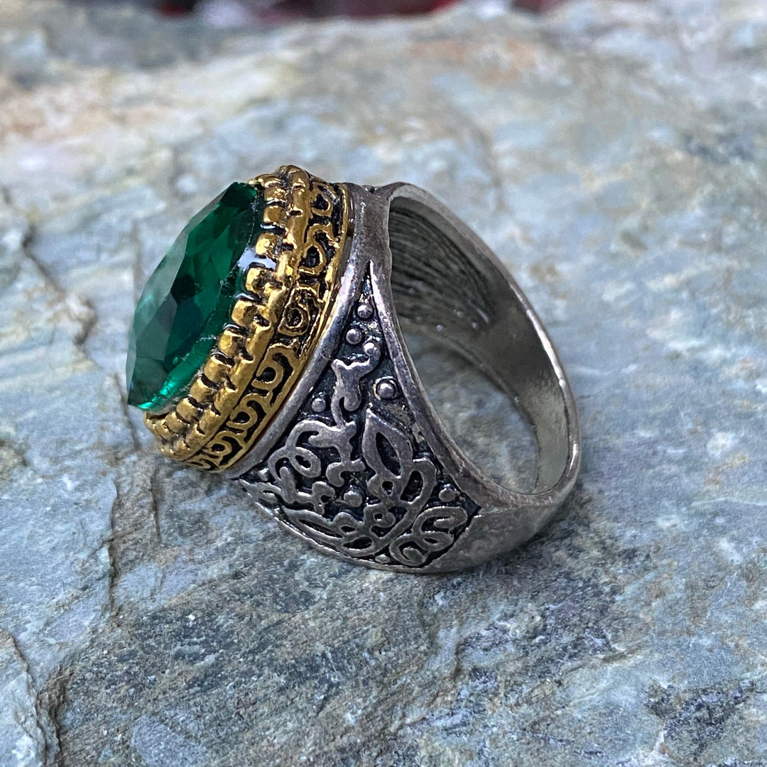 Silver and gold filigree ring with green gem for LARP.