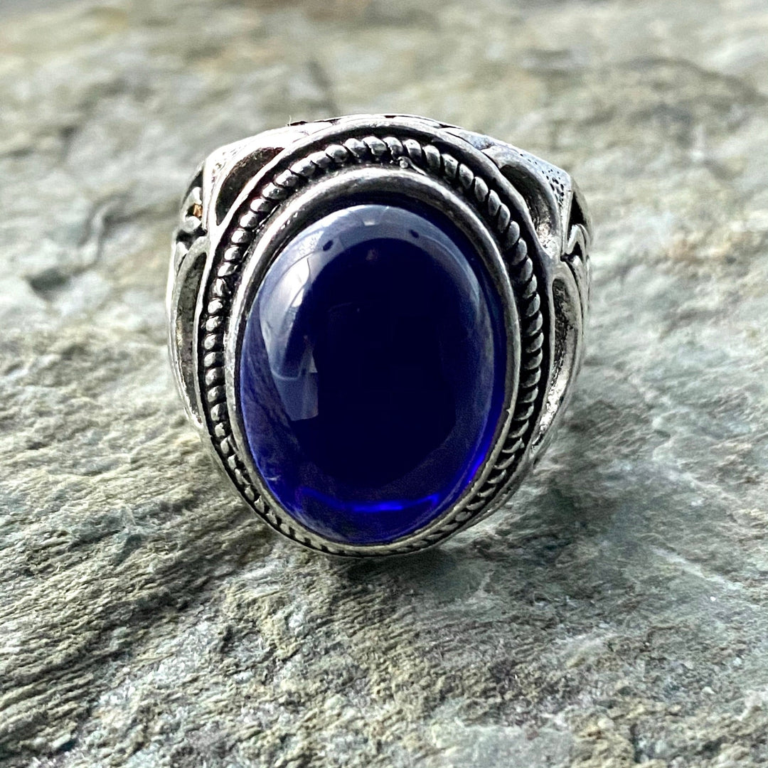 Silver filigree ring with large blue gemstone for LARP.
