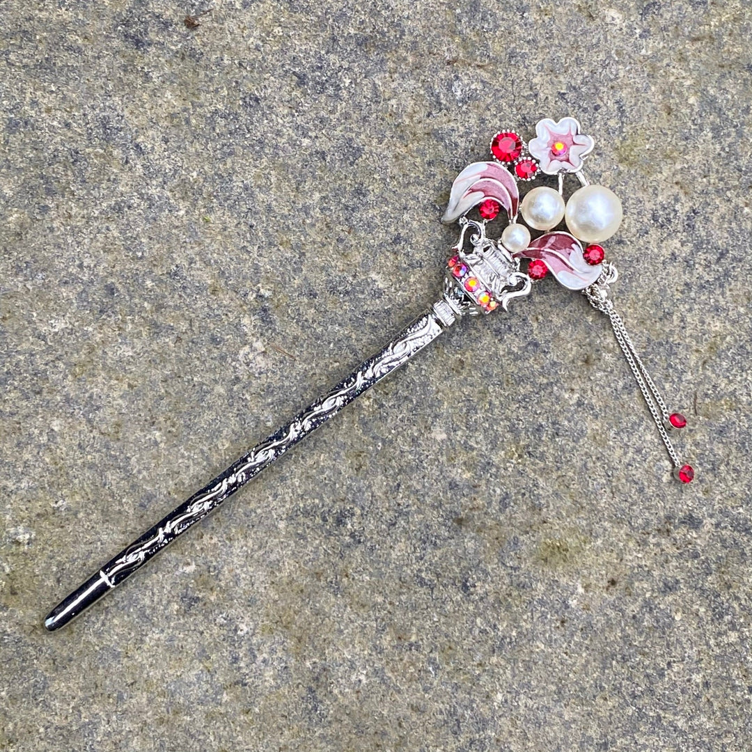 Hairpin, Leaves and Pearls (Red and Silver) for LARP.