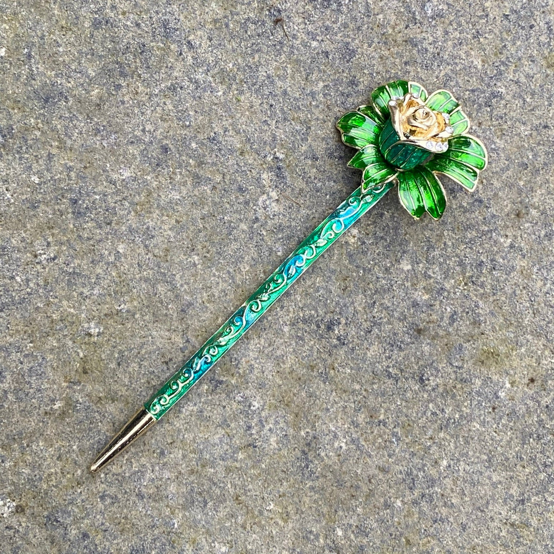 Hairpin, Floral Rose (Green and Gold) for LARP.