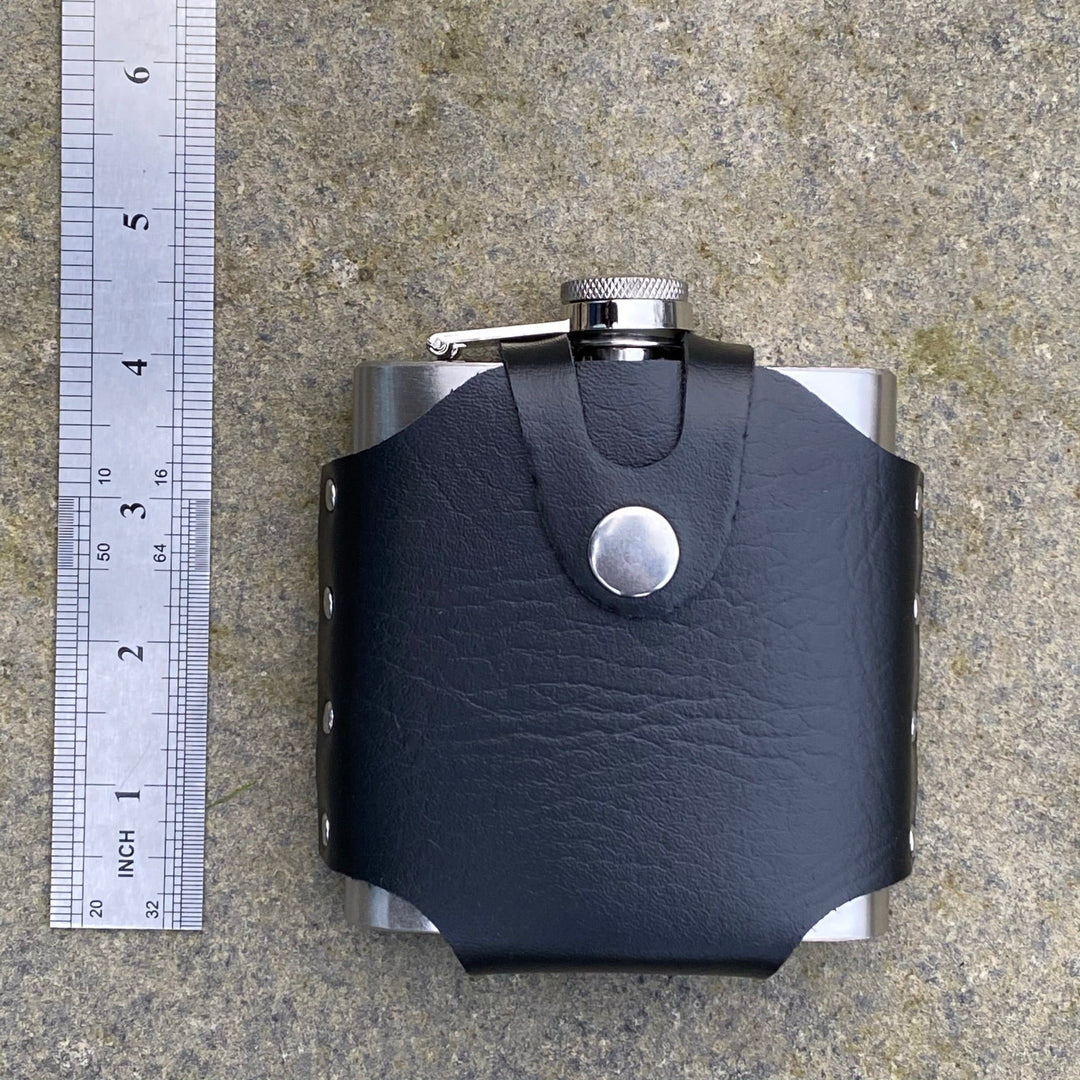 Black leather flask holder, top view with ruler for LARP.