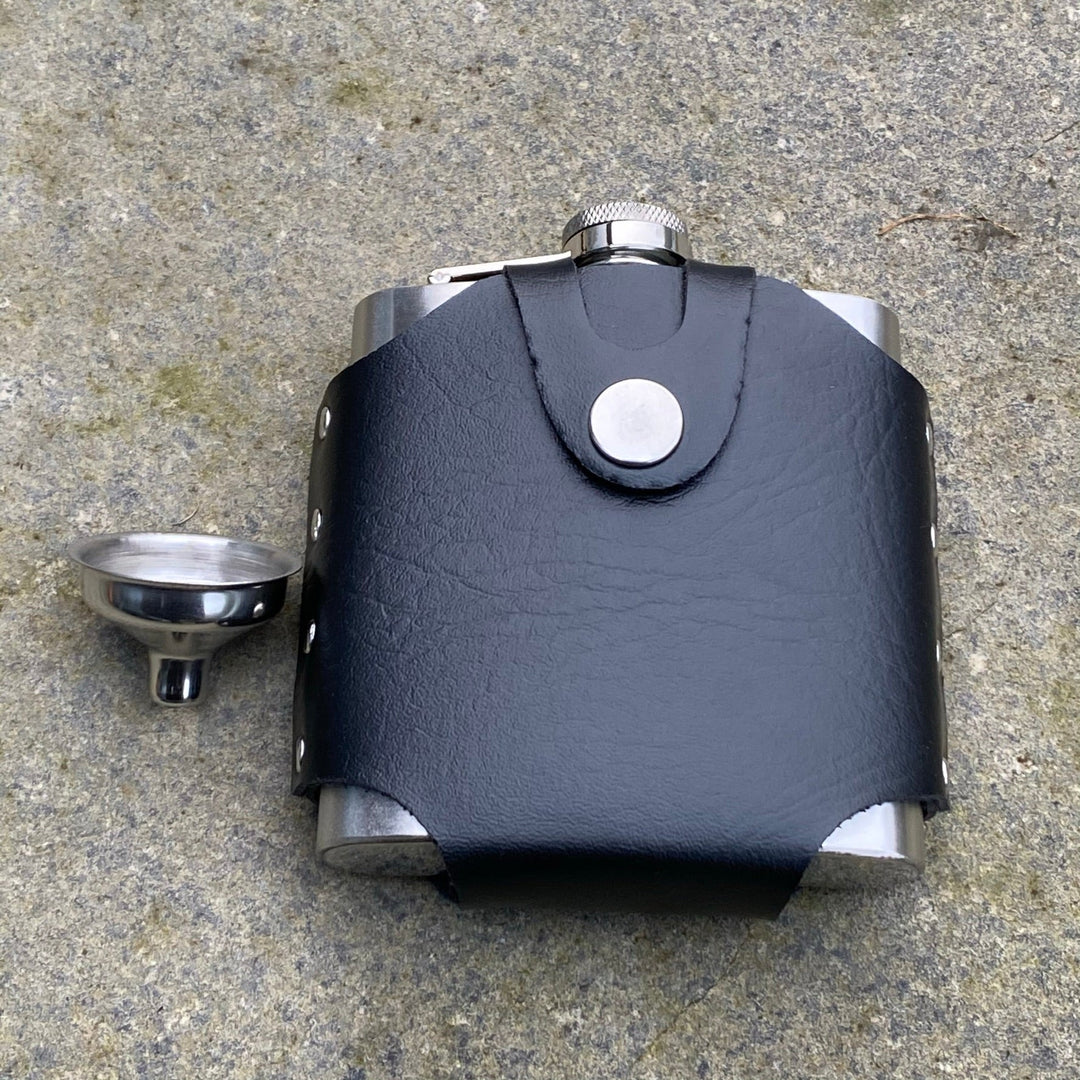 Black leather-clad hip flask with belt loop for LARP.