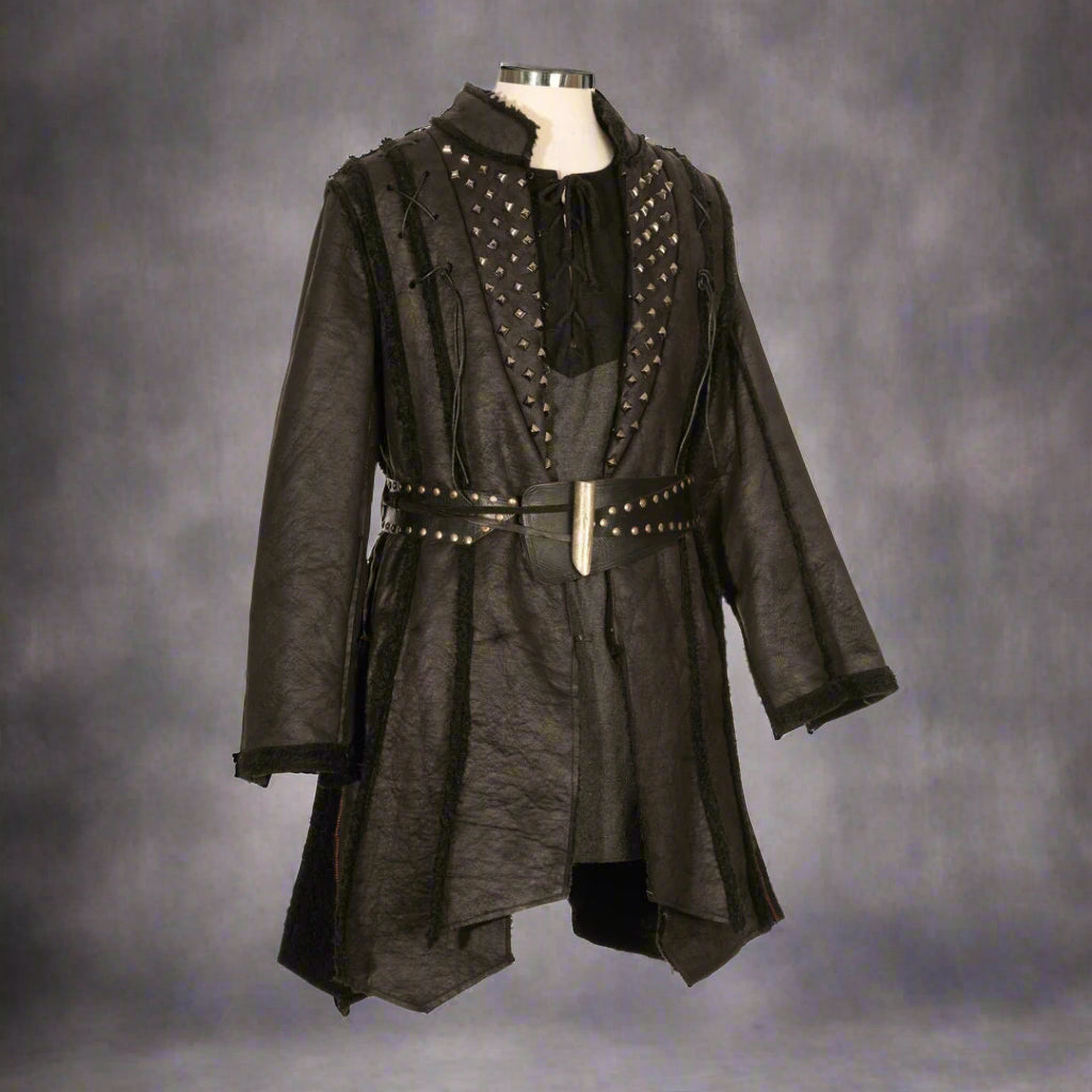 Angled front view of studded black Viking coat showing six-panel flared design.