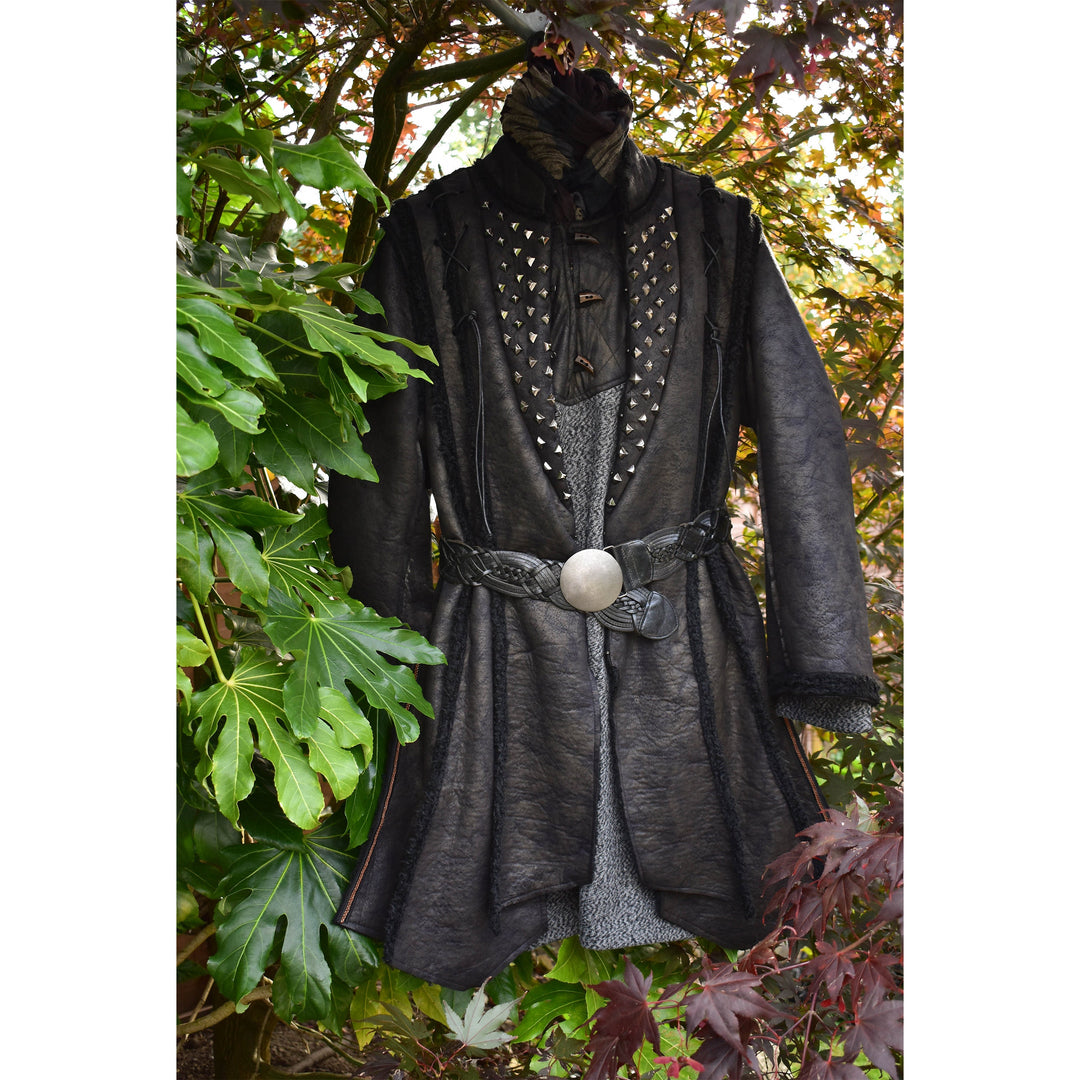 faux leather viking coat with stud accents for LARP, cosplay, ren faire.