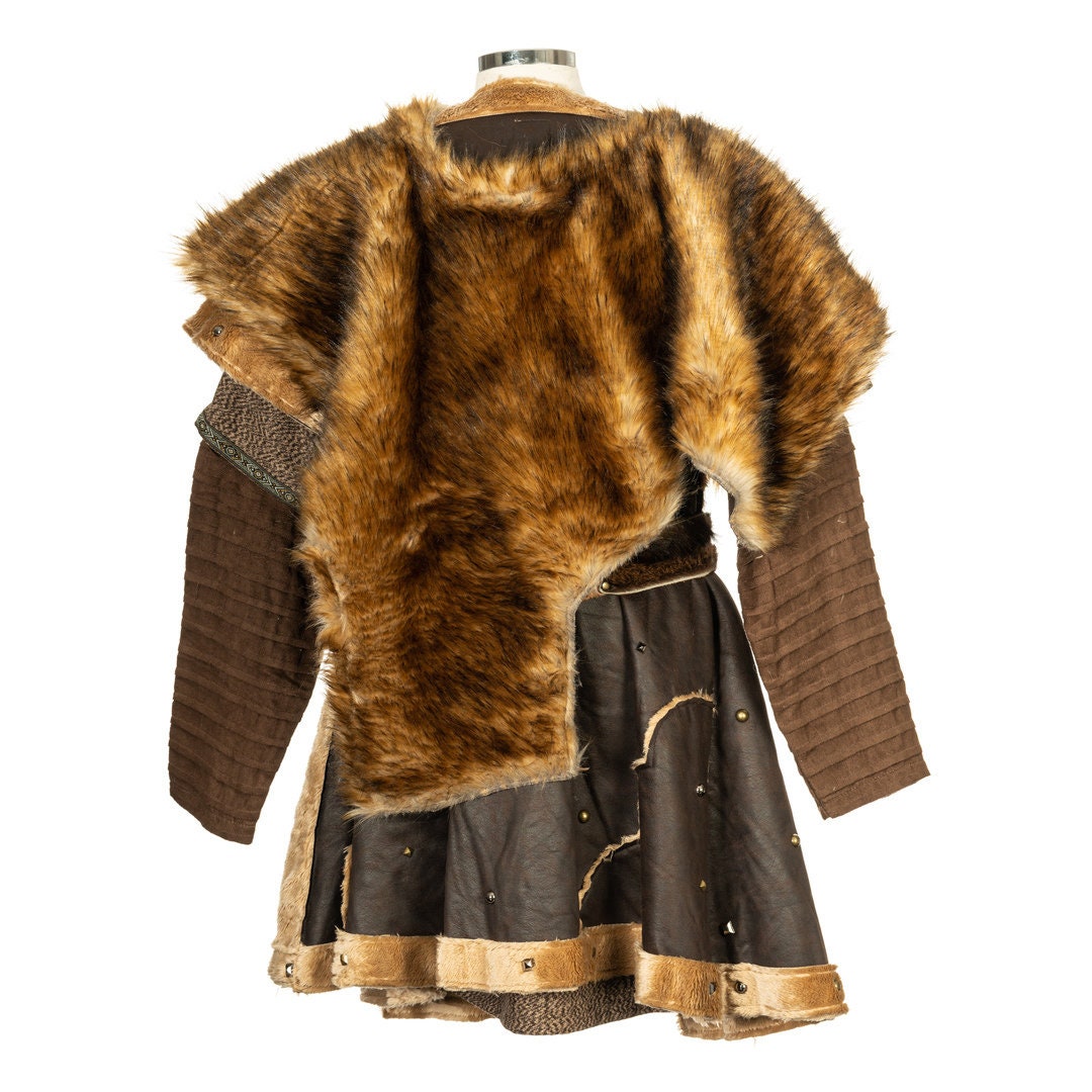 Back view of brown faux fur Viking mantle for medieval LARP attire.