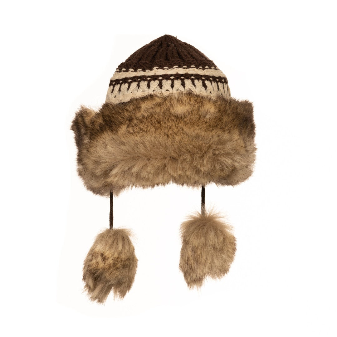 Brown Viking LARP hat front view with faux fur trim and pom-pom ties.