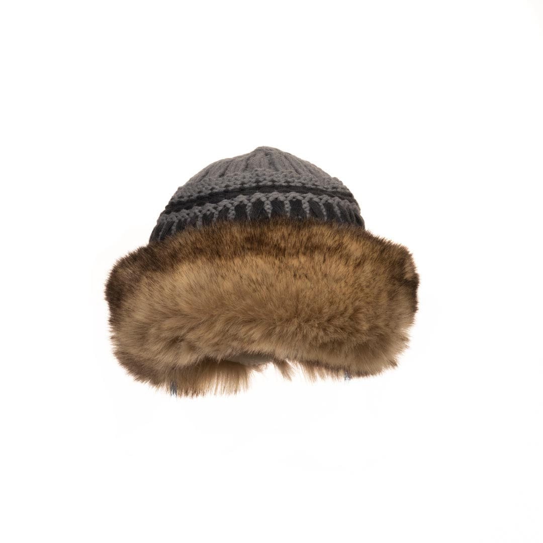 Grey knitted wool hat with brown faux fur trim, front view, for LARP events.