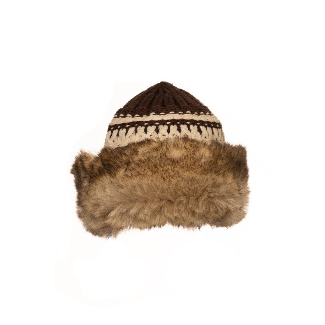 Brown LARP hat, top view, with intricate knit pattern and faux fur trim.