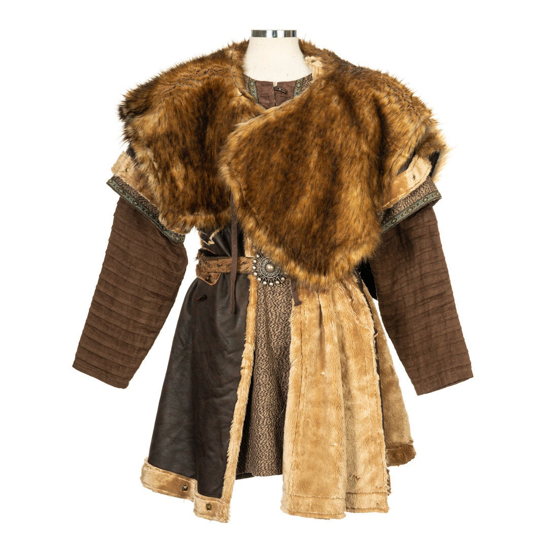 Brown faux fur mantle with medieval trim detailing for LARP costume.