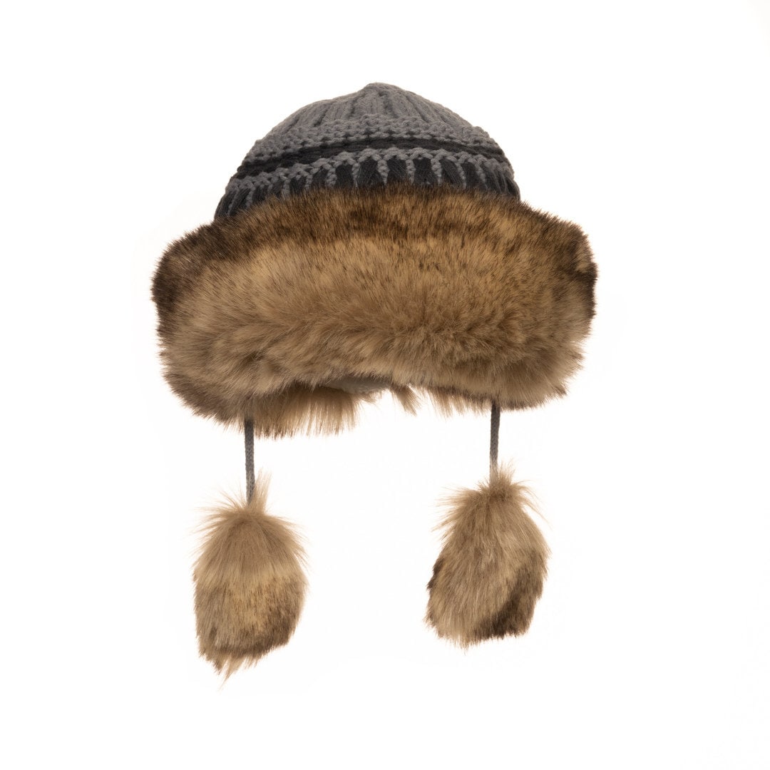 Medieval-style grey wool hat with faux fur brim and tassels for LARP.