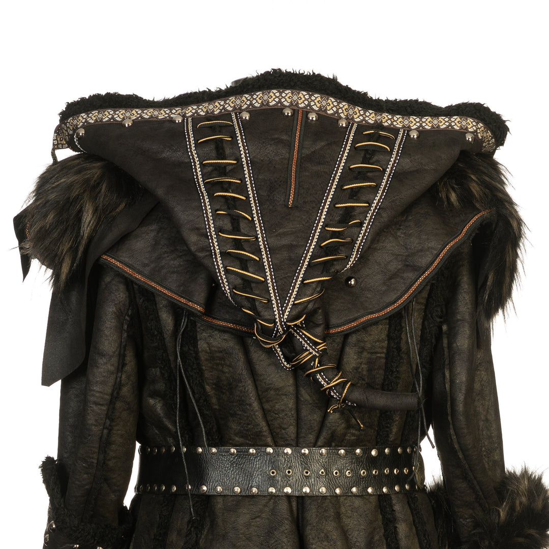 Dark LARP warrior set, back view; detailed hood and riveted belt visible.