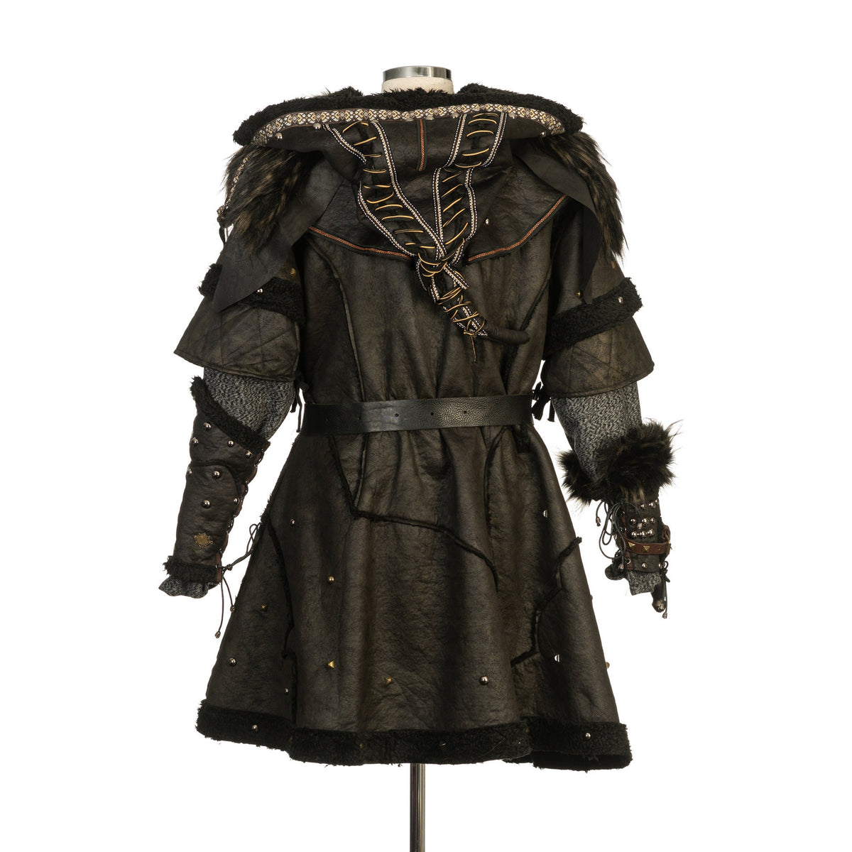 Medieval LARP costume back view featuring a black faux leather tunic, hood and vambraces.