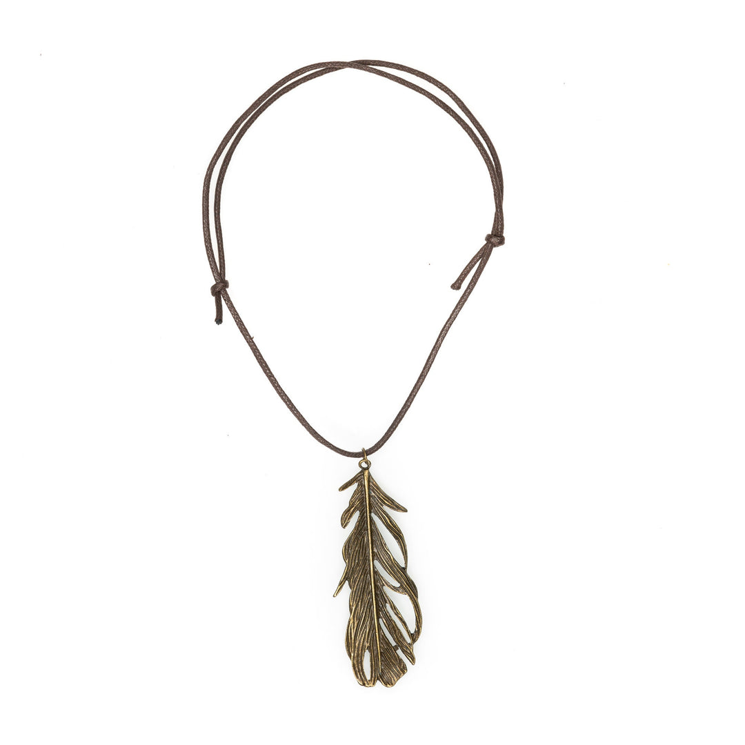 Brown corded necklace with brass feather pendant for medieval LARP costume.
