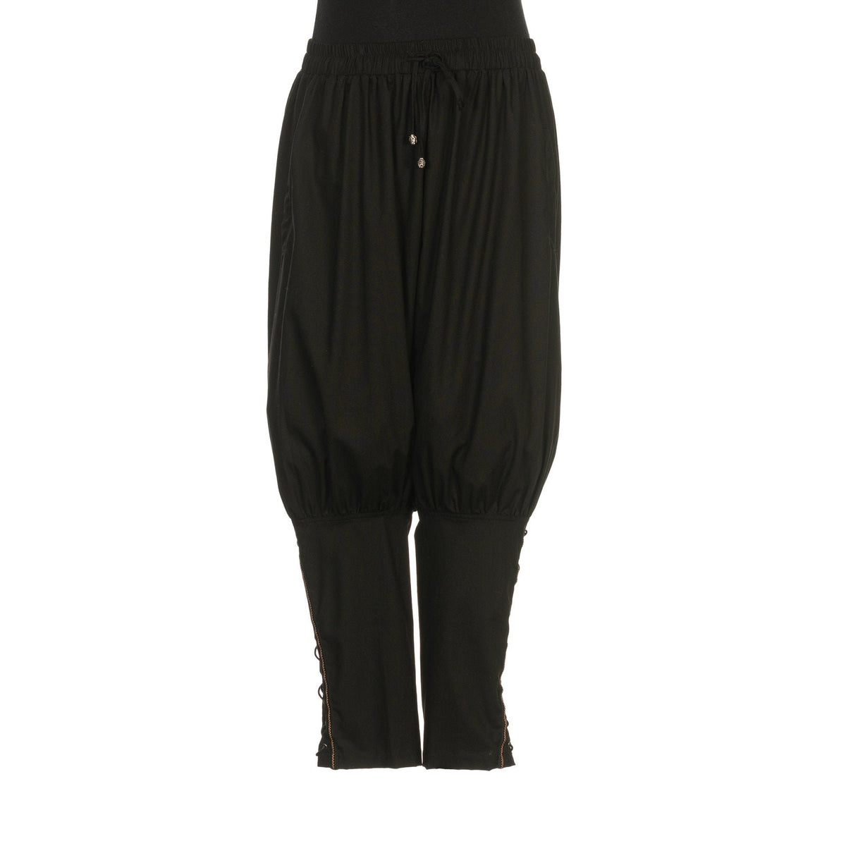 Front view black Viking LARP pants, braided cuffs, medieval style.