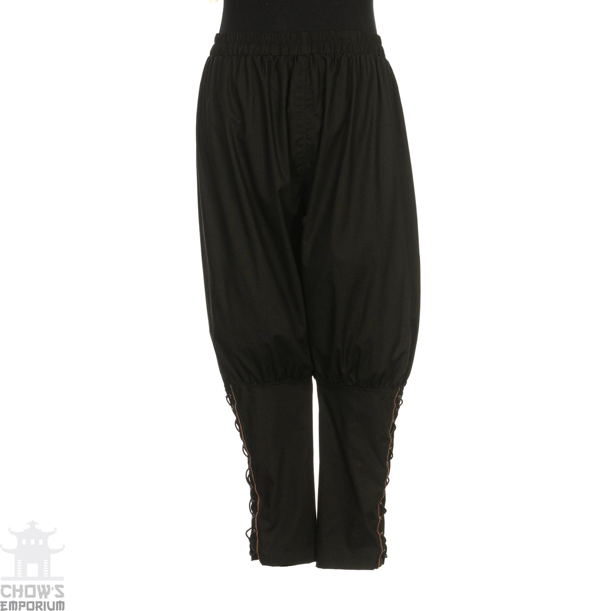 Black Viking pants front view, braided sides for LARP.